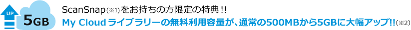 ScanSnap(※1)をお持ちの方限定の特典！！My Cloud ライブラリーの無料利用容量が、通常の500MBから5GBに大幅アップ！！（※2）