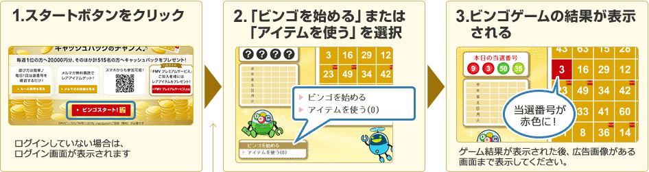 1.スタートボタンをクリック 2.「ビンゴを始める」または「アイテムを使う」を選択 3. ビンゴゲームの結果が表示される