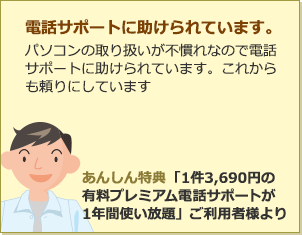 電話サポートに助けられています。パソコンの取り扱いが不慣れなので電話サポートに助けられています。これからも頼りにしています。