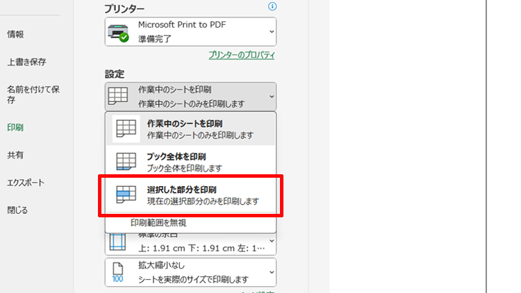 「作業中のシートを印刷」をクリックして「選択した部分を印刷」を選択している画面イメージ