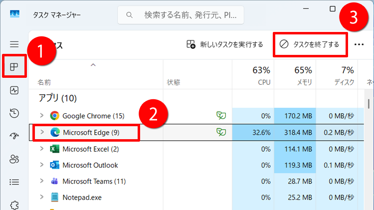 「プロセス」タブの「アプリ」から「Microsoft Edge（応答なし）」を選択し、「タスクを終了する」をクリックする画面イメージ