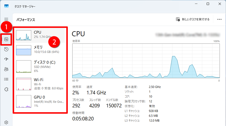 タスクマネージャーでパソコンの動作状況を確認する画面イメージ