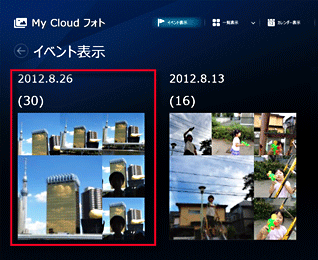 写真がイベント名ごとに分類されている画面イメージ