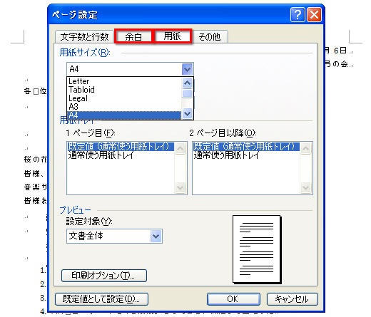 Word 2003の場合での余白を調整している画面イメージ