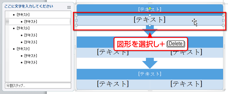 「テキスト」と書かれた図形をクリックして選択し、［Delete］キーを押している画面イメージ