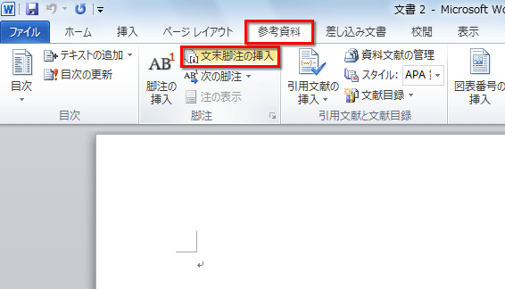 Word 2010&nbsp;&frasl;&nbsp;2007の場合の文末脚注の画面イメージ