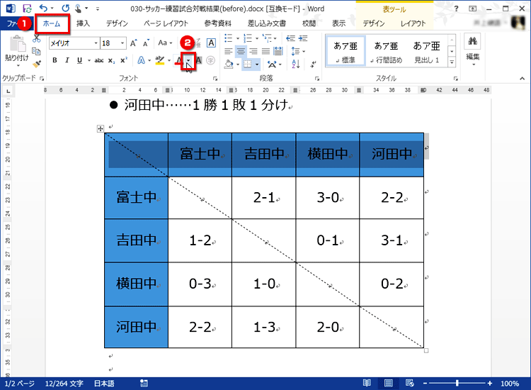 ［ホーム］タブの［フォント］で［フォントの色］の［▼］ボタンをクリックする画面イメージ