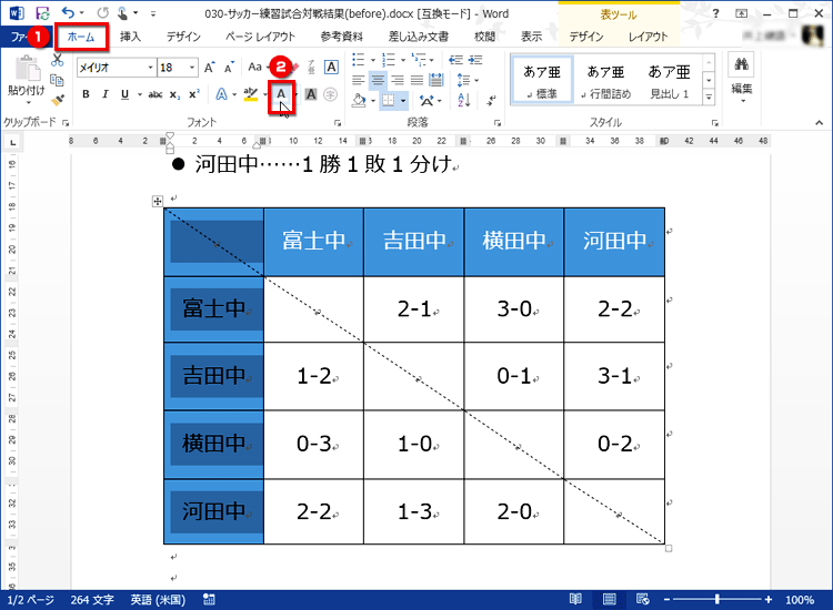 ［ホーム］タブの［フォント］で［フォントの色］ボタンをクリックする画面イメージ