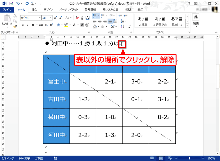 文書中の任意の場所をクリックして選択を解除し、文書が完成した画面イメージ