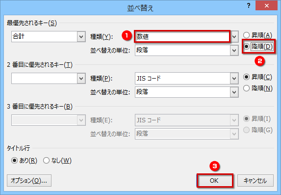 ［種類］では「合計」の列に入力されているデータの種類として、「数値」を選択し、［並べ替えの単位］は「段落」のまま［降順］を指定する画面イメージ