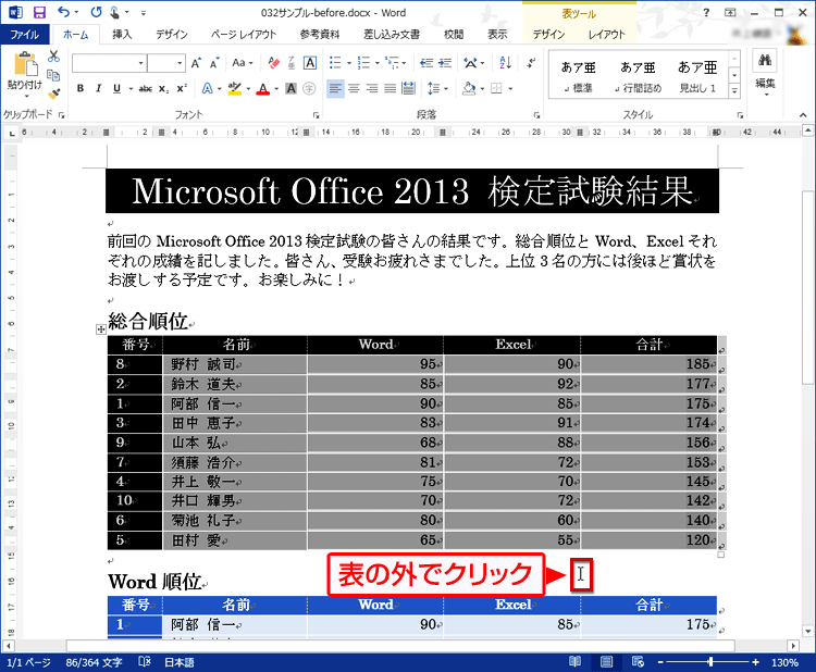 「合計」の「数字」が大きい順番(降順)で表が並べ替えられた画面イメージ