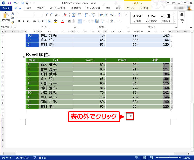 「Excel」の得点が高い順番に表が並べ替えられた画面イメージ