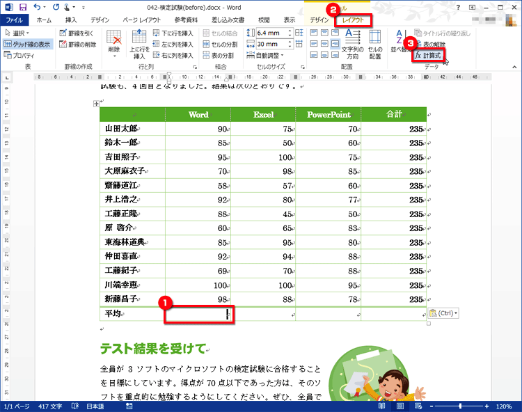 「Word」の「平均」のマス目にカーソルを置き、［レイアウト］タブの［データ］にある［計算式］ボタンをクリックしている画面イメージ