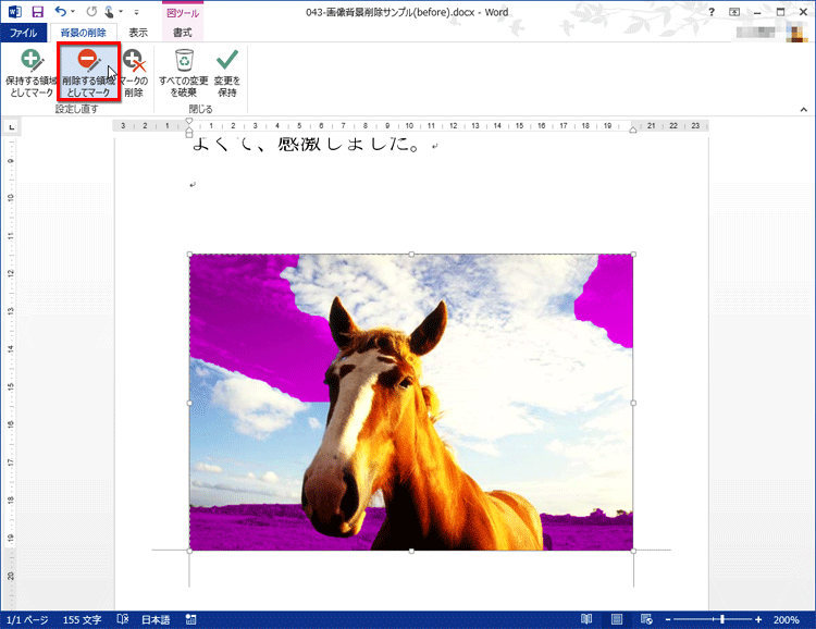 ［削除する領域としてマーク］ボタンをクリックしている画面イメージ