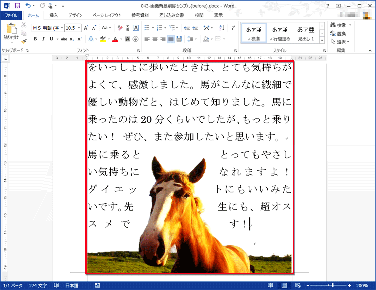 文字を入力すると、削除した領域に文字が配置された画面イメージ