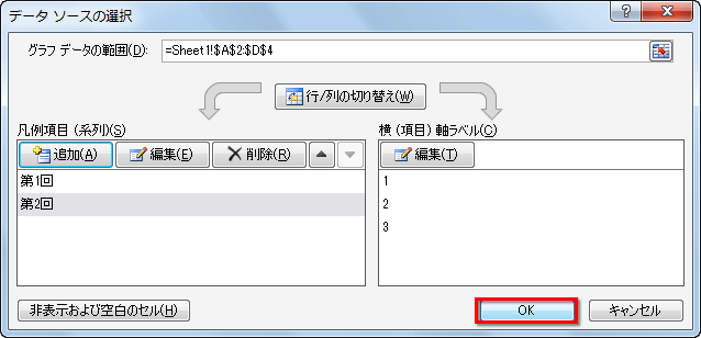 「データソースの選択」に戻り、［OK］をクリックしている画面イメージ