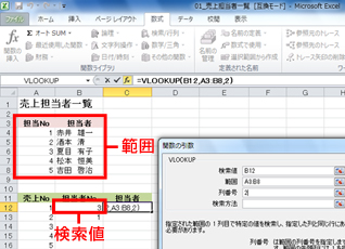 検索値と範囲に指定するセルの場所を示したイメージ