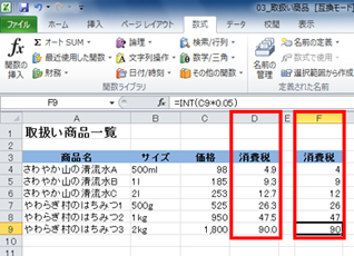 D列と比べて、F列では小数点以下の値が切り捨てされていることを確認している画面イメージ