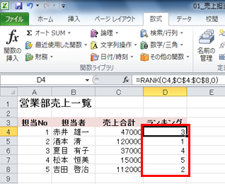 入力した式を下にコピーし、売上合計の多い順位が表示されている画面イメージ