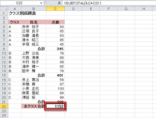 SUBTOTALで求めたクラスごとの合計を合わせた、総合計がC22に求められている画面イメージ