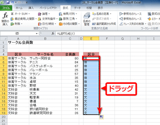 LEFT関数をセルE6からE19までコピーした画面イメージ