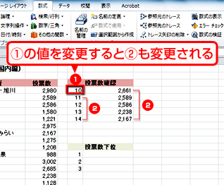 E4の値を「10」に変更してみると、自動的にE列の連番が変更され、F列のLARGE関数の値も上位10番目から15番目の値に変更されている画面イメージ