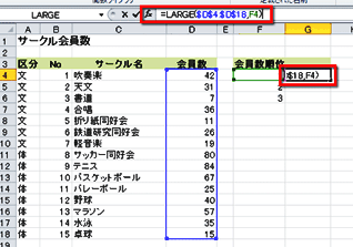 セルG4をアクティブにし、「=LARGE($D$4:$D$18,F4)」という式を入力している画面イメージ