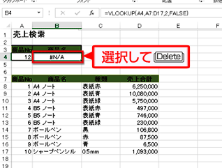 セルB4をアクティブにして、元の式を消し「#N/A」と出ている画面イメージ