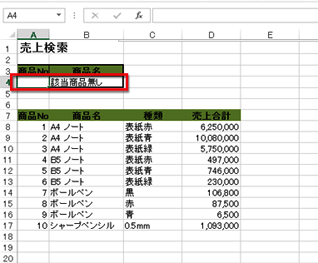 商品Noが表にないときや空白の場合は、IFERROR関数の引数に指定した「該当商品無し」という値が返される画面イメージ