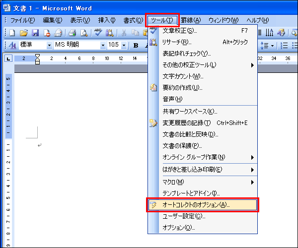 「オートコレクトのオプション」をクリックする画面