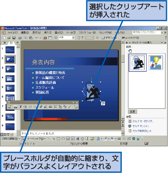 選択したクリップアートが挿入された。プレースホルダが自動的に縮まり、文字がバランスよくレイアウトされる。