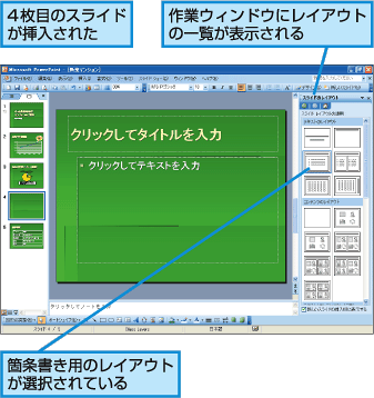 4枚目のスライドが挿入された。作業ウィンドウにレイアウトの一覧が表示される。箇条書き用のレイアウトが選択されている。
