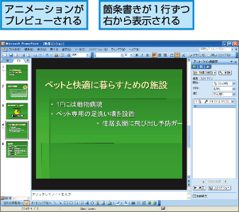 アニメーションがプレビューされる。箇条書きが1行ずつ右から表示される。