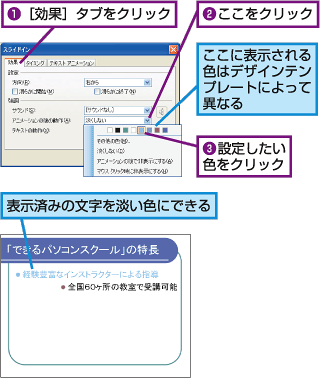 1.[����]�^�u���N���b�N�B2.�������N���b�N�B3.�ݒ肵�����F���N���b�N�B�����ɕ\�������F�̓f�U�C���e���v���[�g�ɂ���ĈقȂ�B�\���ς݂̕�����W���F�ɂł���B