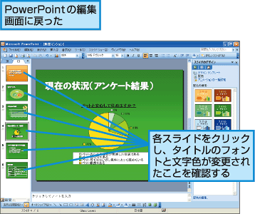 PowerPointの編集画面に戻った。各スライドをクリックし、タイトルのフォントと文字色が変更されたことを確認する。