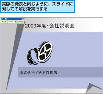 実際の発表と同じように、スライドに対しての解説を実行する。