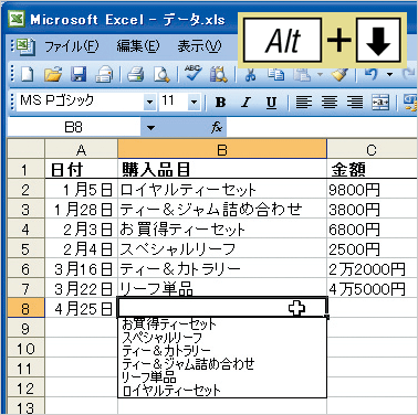 入力したいセルでAltキーと下方向キーを押し、今までの入力データが入力候補としてリスト表示されている画像