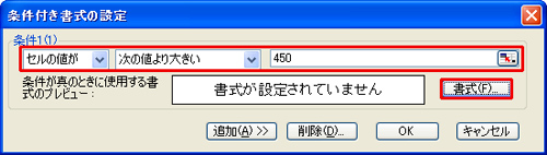 「条件付き書式の設定」ダイアログで条件を選択・入力し、「書式」ボタンをクリックしているイメージ画像