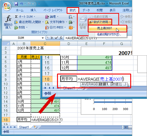 「数式」タブの「定義された名前」グループにある「数式で使用」をクリックして、セルに付けた名前を選択しているイメージ画像